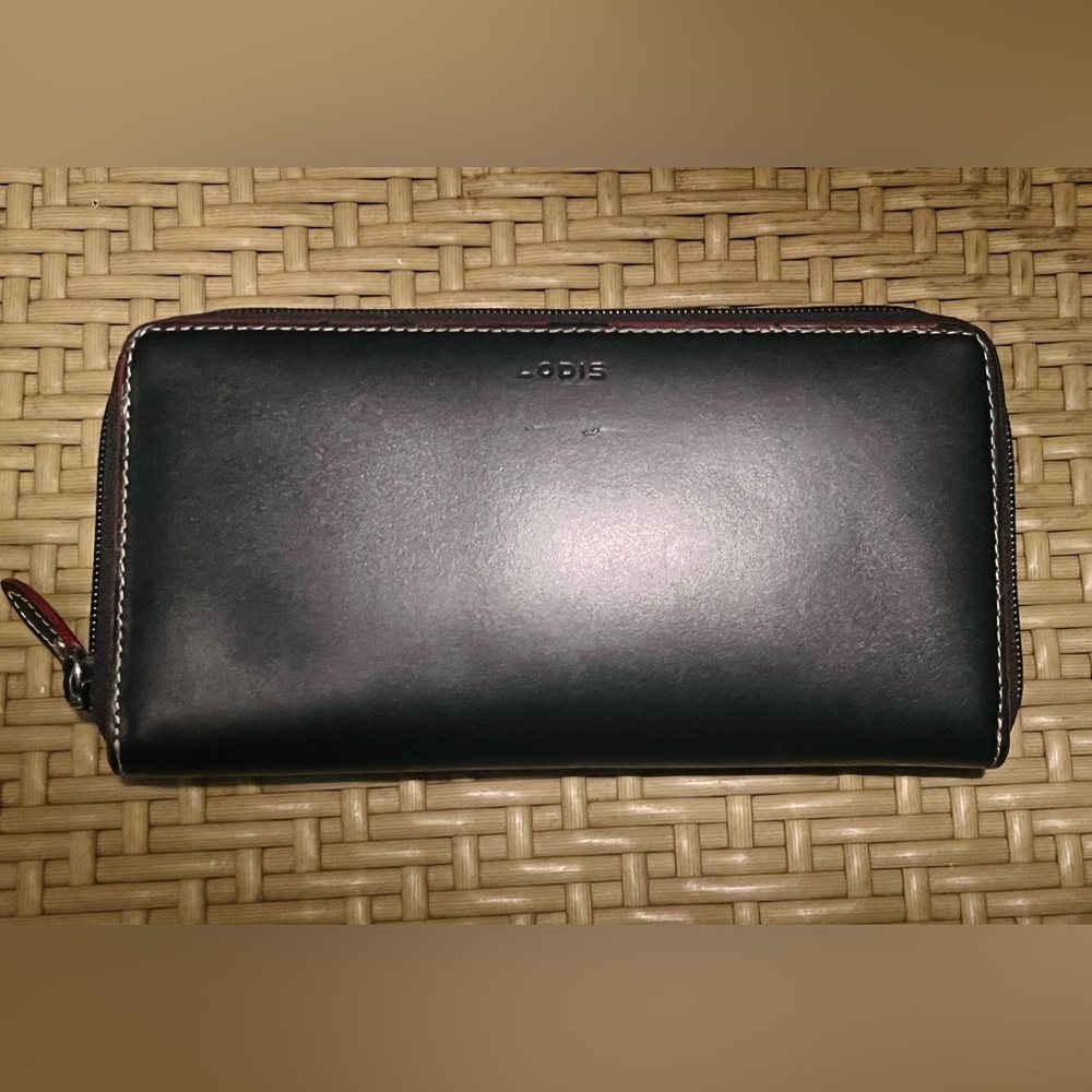 LODIS Audrey Iris Zip-Around Folding Wallet In Black w/ Red Stitching  *EUC*